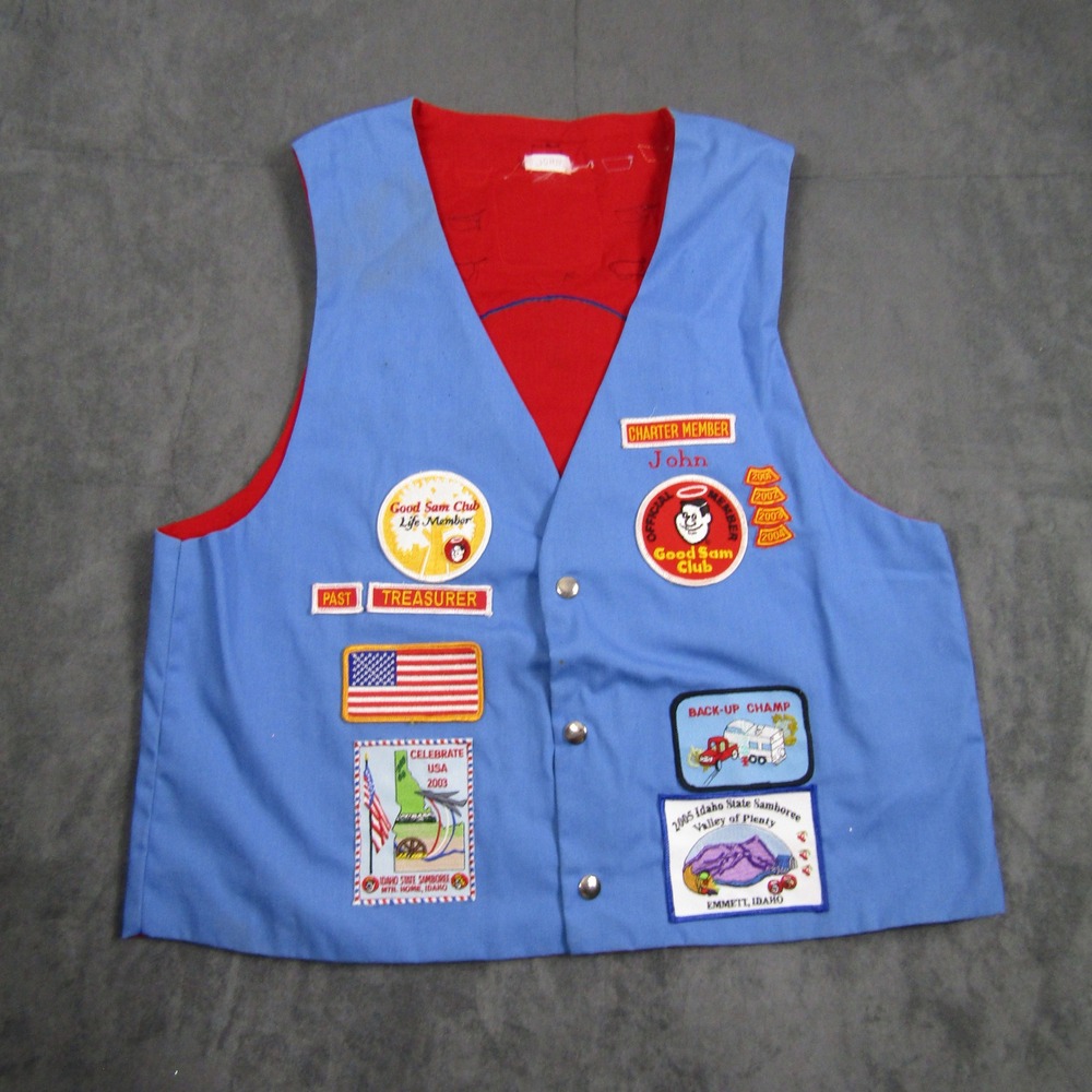 Good Sam Club Patch Vest Mens L Blue Red Idaho High Desert Travelers Vintage